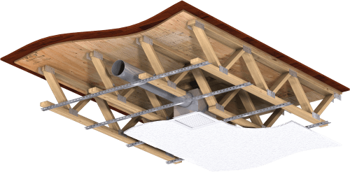 Ceiling radiation damper in a combustible wood truss floor-ceiling assembly.